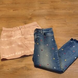 Embroidered Star Blue Jeans And Tie Dye Skirt